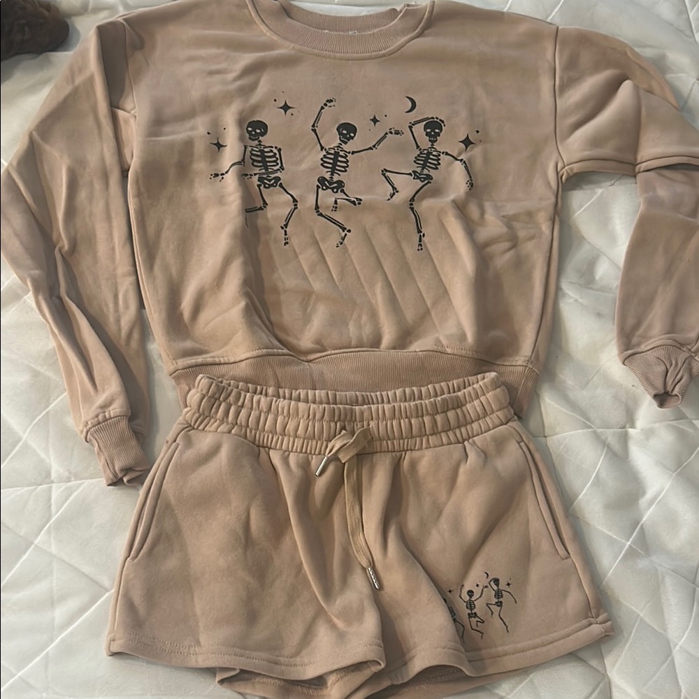 Tan Skeleton Dance Sweatshirt and Shorts Set